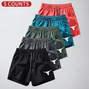 Men's 5-Pack Bull Print Plain Tie Pocket Shorts; Men's Clothing; Athletic Casual Stretch Waist Pocket Shorts; Breathable Summer Men's Everyday Sports Pants