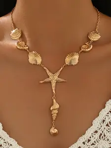Women's Oceanic Shell Starfish Necklace, Summer Fashion Lockbone Chain, Beach Vacation Accessory, Pendant, Beach Jewelry, Oceanic Theme, Trendy Jewelry