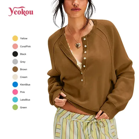 Yeokou Womens Long Sleeve Knitting Sweater Tops Half Button Sweaters Henley Neckline Casual Lightweight Solid Pullover Knitting Comfortable Soft Womenswear SohoChic