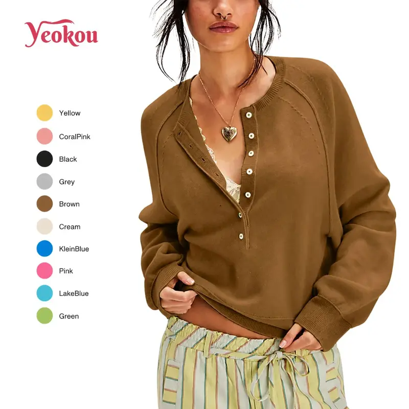 Yeokou Womens Long Sleeve Knitting Sweater Tops Half Button Sweaters Henley Neckline Casual Lightweight Solid Pullover Knitting Comfortable Soft Womenswear SohoChic