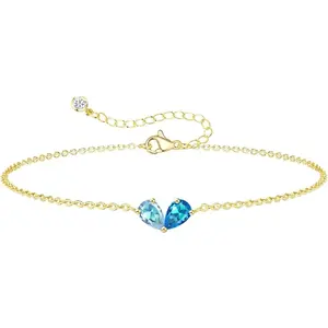 Valentine's Day Gift Gold Bracelets for Women Dainty 2 Birthstones Heart Charm Bracelet Non Tarnish 14K Gold Plated Red CZ Bracelets for Bridesmaid Mother and Daughter Anniversary Birthday Gift, Bracelet Stack, Mother's Day Gifts