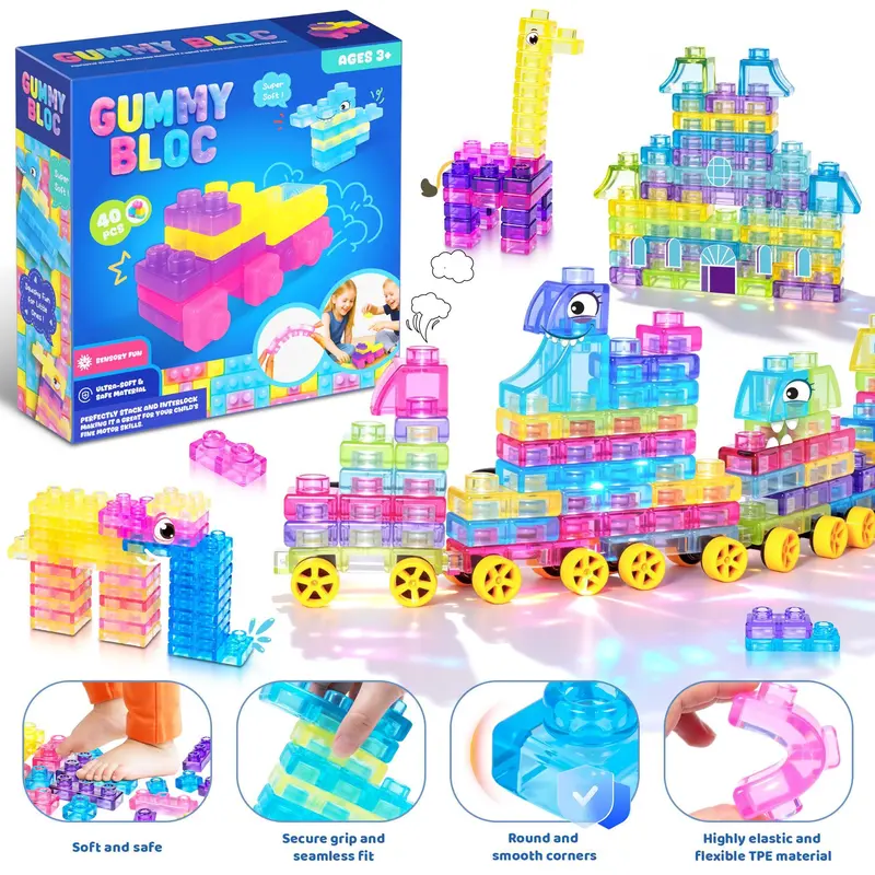 JoySpot Jelly Building Blocks for Toddlers Squishy Sensory Play, Stacking Toy Set Squeezable Stretchable Early Learning Construction Playset Multicolor Puzzle Blocks for Creative Play Safe Transparent Building Blocks STEM, Christmas Gifts,Halloween Gifts,