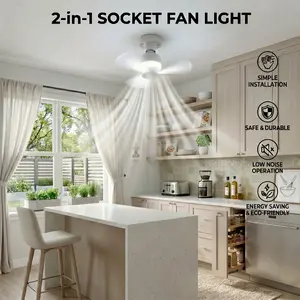 【MothersDayGifts】2-in-1 Socket Fan Light, E26/E27 Screw-in Ceiling Fan, White air cooler cooling high Speed Fan cordless fan, Portable Small Ceiling Fans with Lights, No Wiring Needed, Perfect for Bedroom Living Room Kitchen Garage