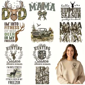 12pcs/set Multicolor Funny Hunting Sublimation Heat Transfer Vinyl Decals, Crafts, Diy Products, Diy Material, DIY Iron-On DTF Patches, Washable for T-Shirts, Jeans, Masks, Backpacks-Text Designs