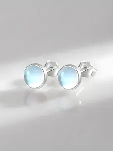 Elegant Simple 925 Silver Plated Round Moonstone Versatile Earrings, Fashionable Earrings, Women's Fashion Hypoallergenic Ear Studs, Daily Casual Anti-Allergy Jewelry Gift, Elegant Minimalist Earrings