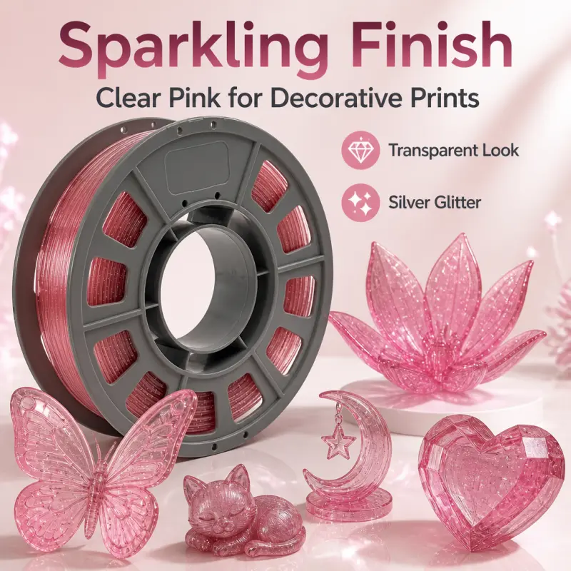 0.66lbs Transparent Pink with Silver Glitter PETG 3D Printer Filament 1.75mm, 0.02mm Fine Layer Lines, Sparkle Effect, High Toughness, Stable Feeding, Fits Most Printers, Ideal for Decorative Prints, Lighting Fixtures, Romantic Theme