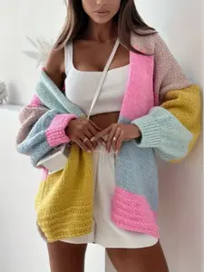 Women's Casual Knit Jacket, Buttonless Mid-Length Sweater Coat, Colorblock Design, Loose Flare Sleeves, Perfect for Fall & Winter, Knitwear, Womenswear