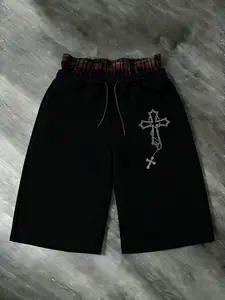 Rhinestone Cross Graphic Layered Waist Oversized Shorts, Double Waisted - TikTokShopBlackFriday Deals FallFashion, Trendy Streetwear Bottoms, Sparkly Gothic Print & Plaid Waist Detail, Casual Outfit, Versatile Daily Wear Essential, Casual Sport Shorts