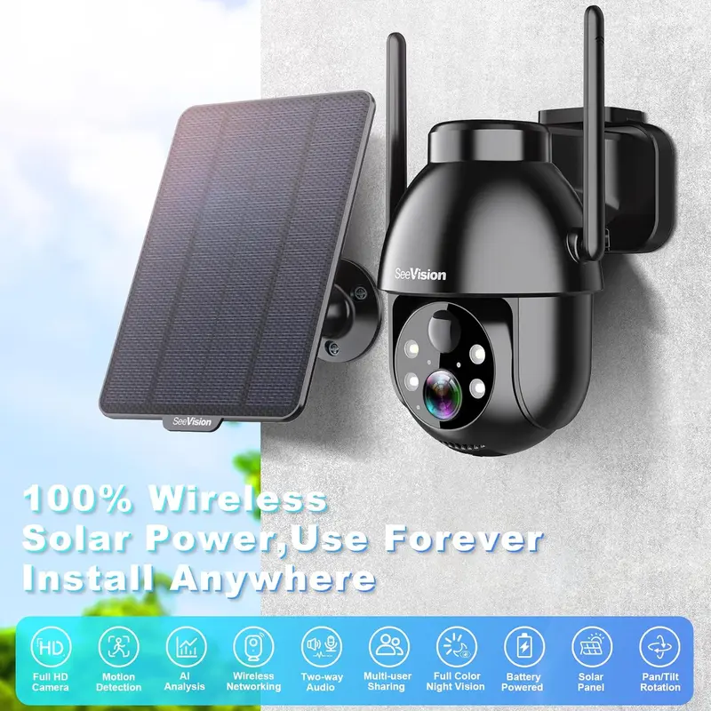 SeeVision Solar Wi-Fi Digital Security Camera - Smart Home Gadget with 3x Spotlight, 1080p FHD 24fps Video, 1.2f/ Lens, Solar Panel, Portable Night Vision, Motion Sensor, 2-Way Audio, Micro SD Support, Lithium Ion, Bluetooth (for Hunting, Home Security)