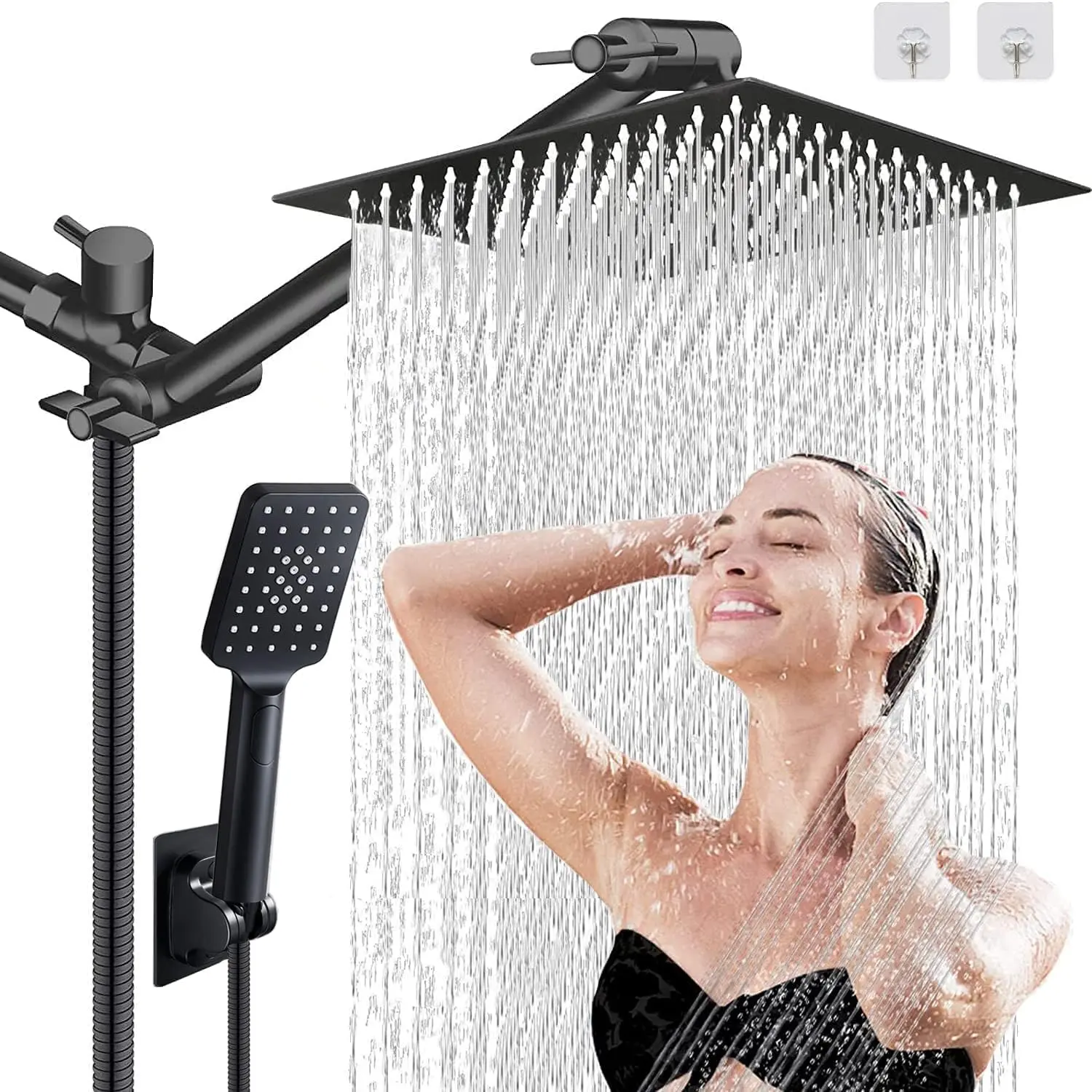 rain shower head with handheld spray,10''High Pressure Rainfall Shower Head / 3 Setting Handheld Shower head Combo with 11'' Extension Arm and 78" Extra Long Hose/Square Rain shower head(Chrome)