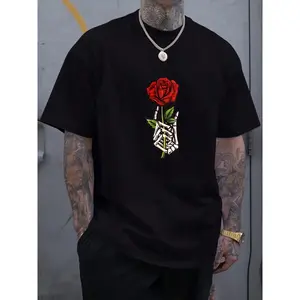 Skeleton Hand Red Rose Graphic Plus Size Oversized Tee, Y2K Grunge Streetwear Men Casual Cotton Crewneck T-Shirt