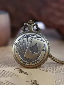 Single Pocket Watch, Vintage Fashion Watch, Is Bronzed And Patterned With Metal Chain Strap. Its Surface Has Fine Playing Card Pattern. Suitable For Retro-Themed Parties, Literary And Artistic Events