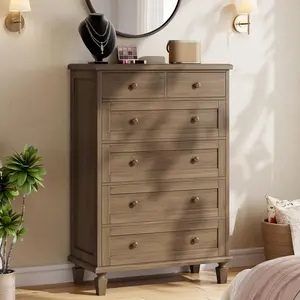 Vintage 6 Drawer Dresser with Tapered Legs, Wood Tall Chest of Drawers for Bedroom, Living Room, Entryway, Distressed Wood Finish, Light Brown