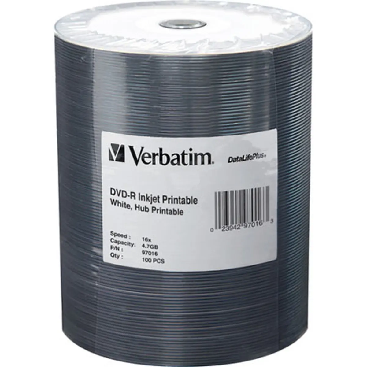 Verbatim DVD-R Data Storage Discs - 4.7 GB, 16x DataLifePlus, White Inkjet Printable, Hub Printable, 100 Pack on Spindle, Round