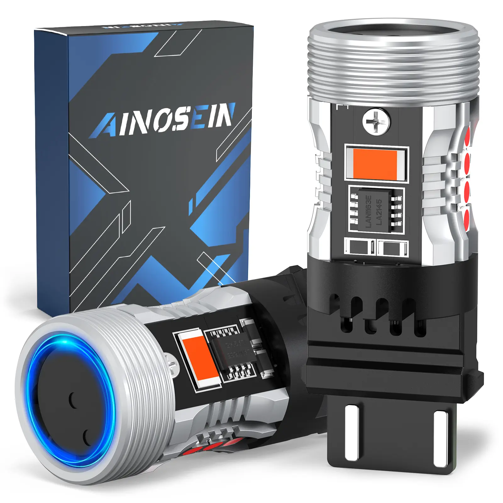 AINOSEIN 7440 7443 LED Bulb Red for Brake Light with 3570 Chips(Brighter Than 3030) CANBUS Error Free Anti Hyper Flash W21W Bulb with Built in Resistor Turbo Fan for Stop Tail Light, Not For CK Socket