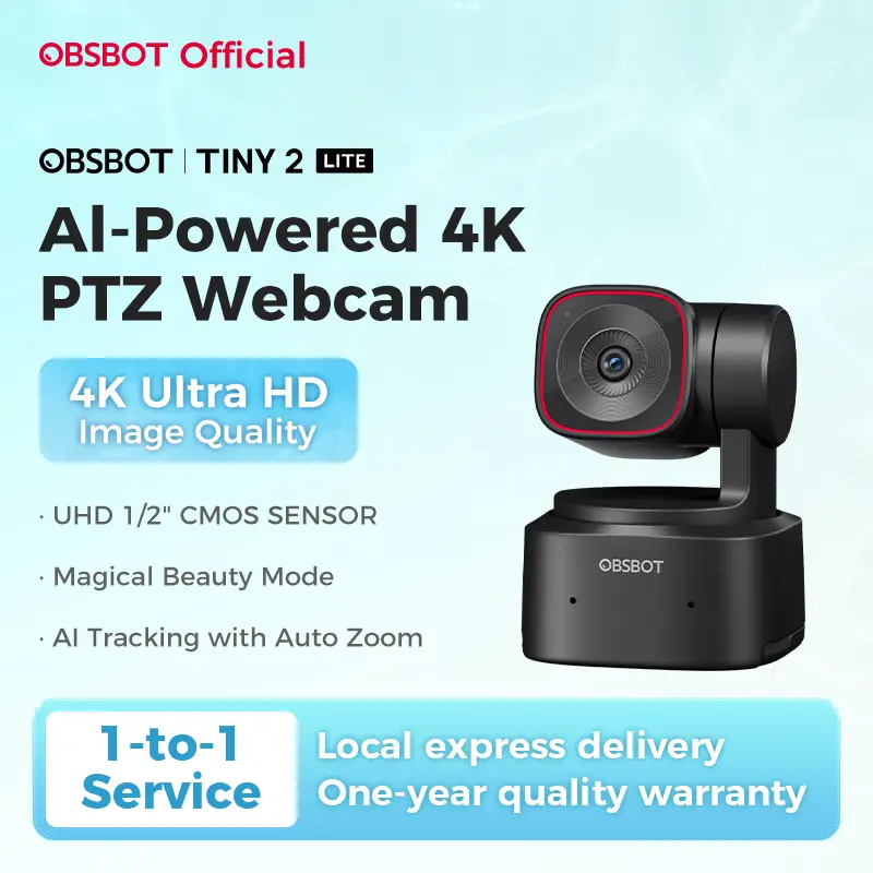 OBSBOT Tiny 2 Lite - Webcam 4K VoiceControl PTZ, Al Tracking Multi-mode & AutoFocus, Web Camera with 1/2" Sensor, GestureControl, 60 FPS, HDR Light Correction, Webcamfor PC, Streaming, Conference wyzewirelesscamera videogames