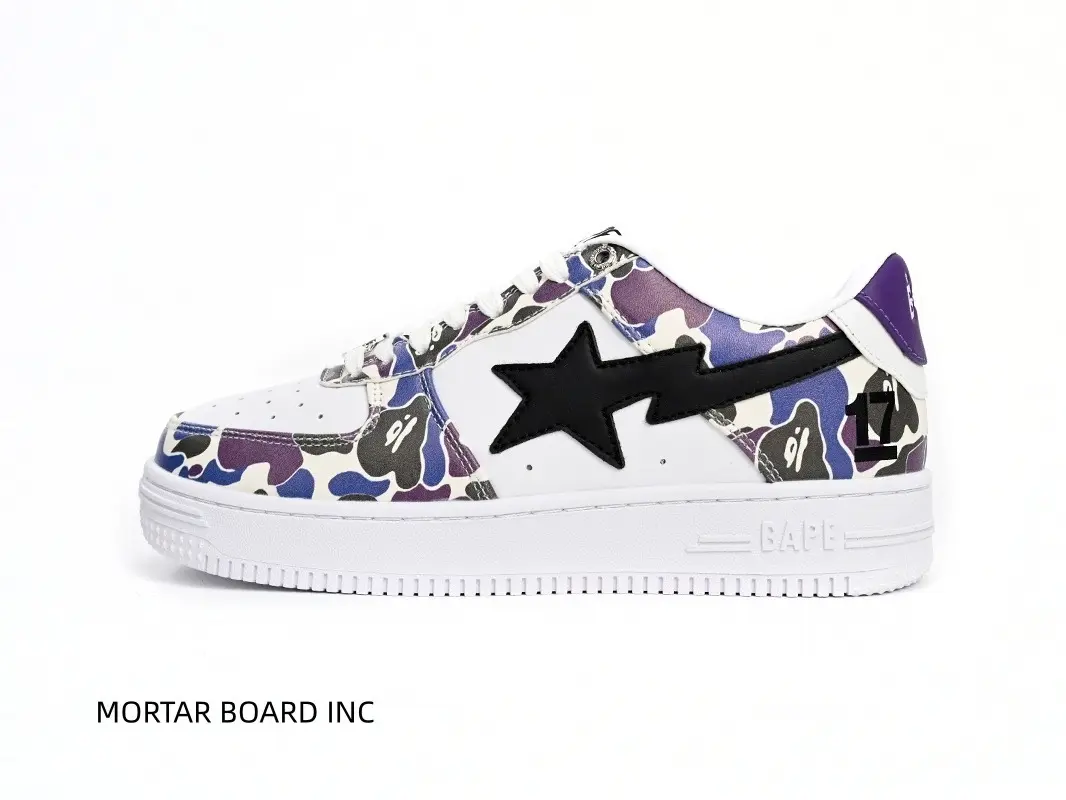 Brand New Unisex White‑Purple‑Blue Camo Printed Low Top Sneakers Camo Printed Spliced Leather Durable White Rubber Thick Outsole Fashion Street Trend Casual Shoes