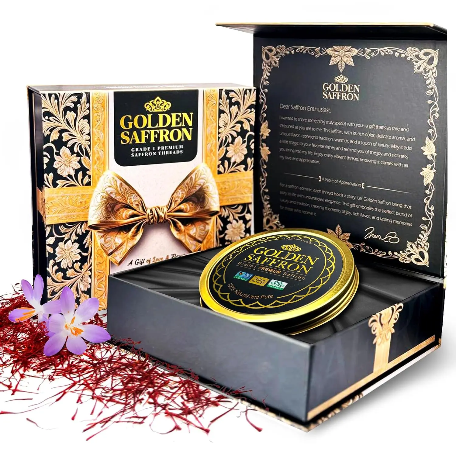 Golden Saffron Luxtury Gift Box, Premium All Red Saffron Threads, Grade A+ Super Negin, Perfect For Any Occasions Non-GMO Verified for Tea, Paella, Rice, Desserts, and Risotto (10.0 Grams Gift Box)