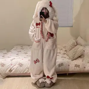 Women's Cute Rabbit Coral Fleece One-Piece Pajamas with Bowknot for Winter Home Wear Thickened Plush Nightgown