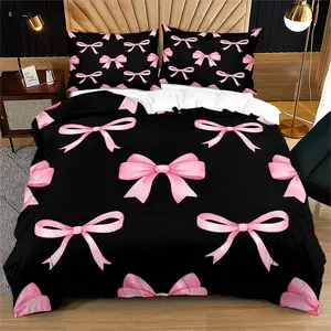 Black and Pink Bow Duvet Cover Set,Suitable for Women and Girls' Bedroom Bedding Set,Including 1 Duvet Cover and 1 or 2 Pillowcases (Excluding Quilt and Pillow Inserts)