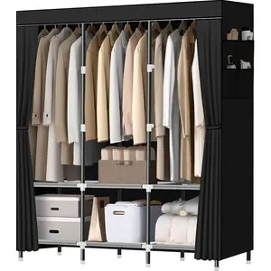 Wardrobe Closet,Portable Closet for Bedroom Steel Pipe Diameter 19mm  and Sturdy Black Portable Closets for  Clothes with 3  rods, 6 Storage Shelves and Side Pockets