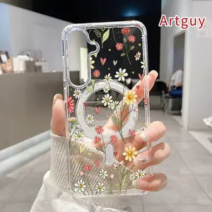 Magnetic Phone Case for Samsung Galaxy S26 Edge S23 Ultra S24 Plus FE S25 S22+ Floral Heart Symphony Pattern Non-Yellowing Shockproof Soft Silicone Transparent Acrylic Large Hole Cover Supports Wireless Charging