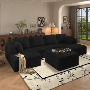 Niccae 2-Pack Shipped 132-Inch U-Shaped Corduroy Upholstered Sofa Couch - Modern Boneless Cloud Sectional, Frameless Ottoman, No-Assembly Compressed Multi-Person for Living Room, Apartment Furniture (A Cloud Couch)