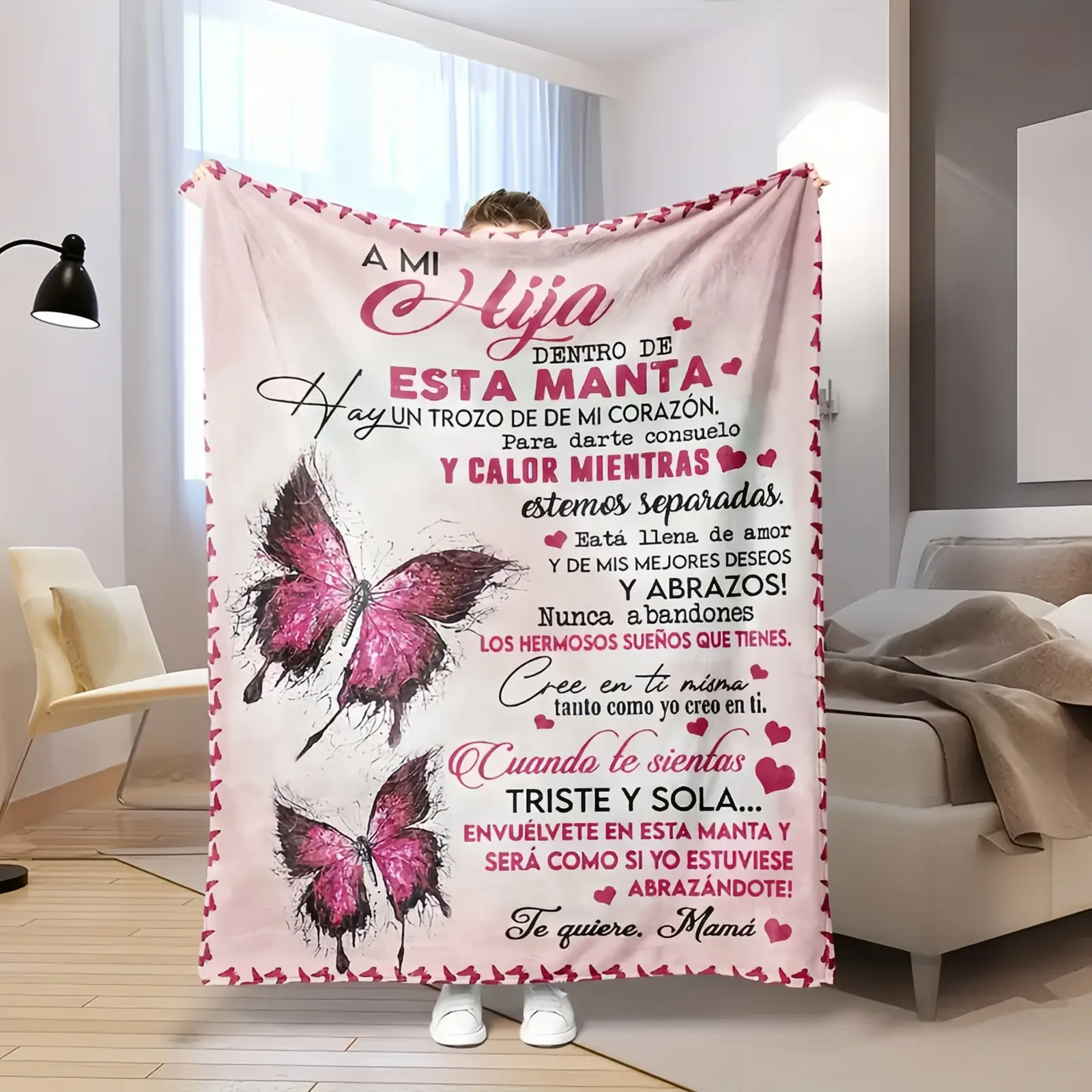 Mama&Papa Inspirational Blanket for Daughters—the perfect graduation gift, birthday present, back-to-school gift, or Christmas present. Features pink butterfly embellishments and makes a lovely addition to your daughter’s bedroom.