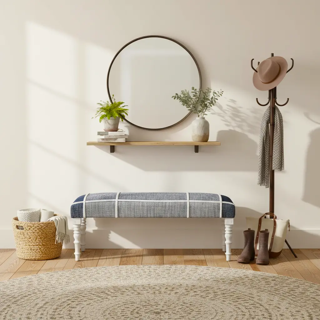 Easton Farmhouse Navy Blue/White Plaid Cotton Upholstered Accent Bench, Hallway Bench, Entryway Bench