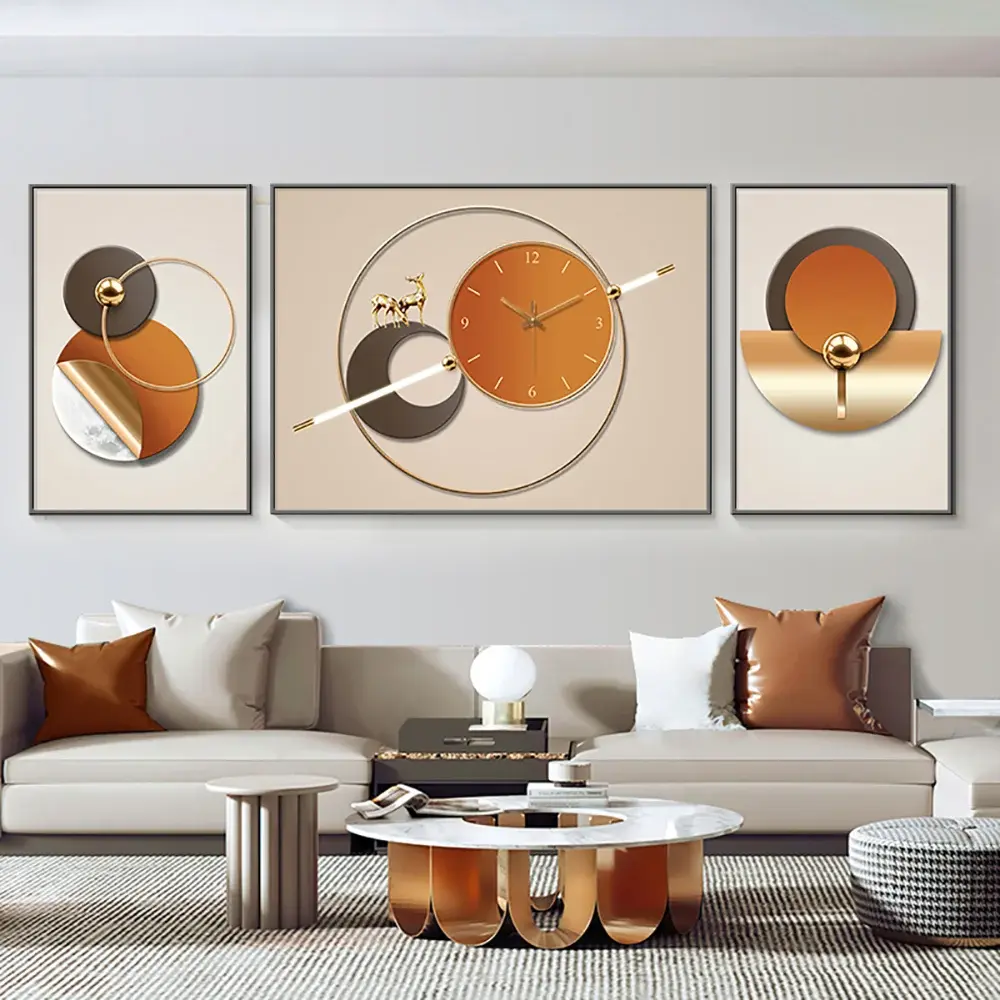 Homary 3-Piece Geometric Wall Clock Set - Decorative Artistic Modern Canvas Graphic Prints with Aluminum Frame, Home Decoration for Modern Spaces