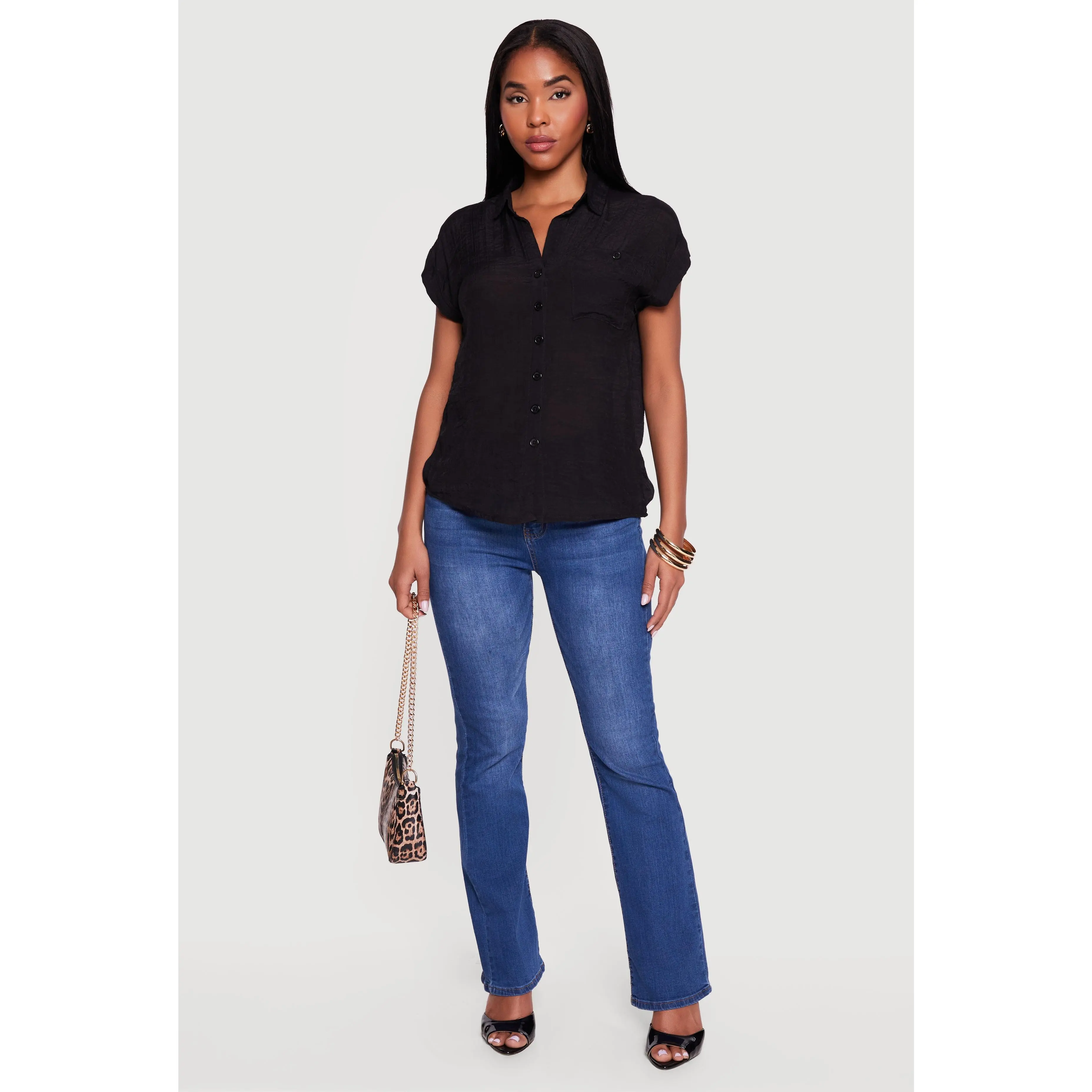 Solid Gauze Knit Short Sleeve Button Front Shirt