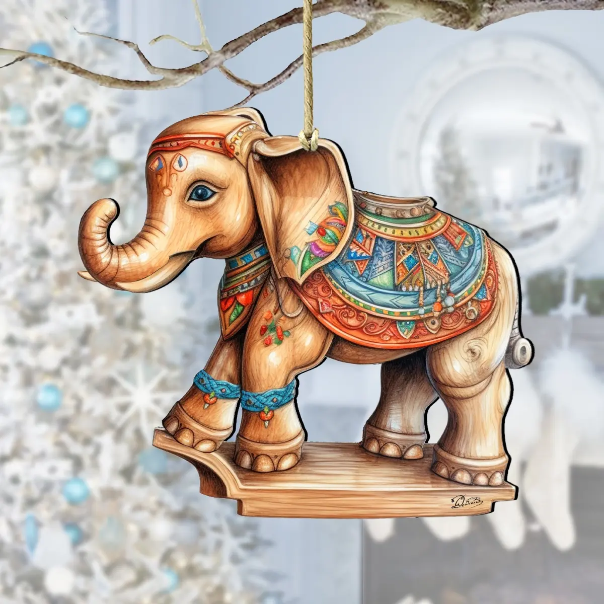 Designocracy Handmade Artistic Miniature Carousel Elephant Wooden Christmas Decoration Ornament, 5x5.5x0.25 in, 0.7 lbs, Festive Home Decor, Outdoor-Ready, Ideal Holiday Gift with Included Bag