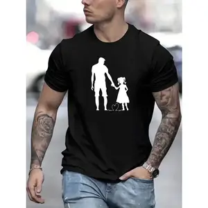 [100% Cotton] Dad And Daughter Print Men's Crew Neck Fashionable Short Sleeve Sports Comfortable And Versatile Spring/Summer Athletic Style Comfort Fit Gift T-Shirt