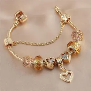 Women's Handmade Adjustable Charm Bracelet with Heart Pendant, Beaded Gold-Tone Costume Jewelry, Elegant Design, Thoughtful Choice for Mother's Day, Valentine's Day Gifts