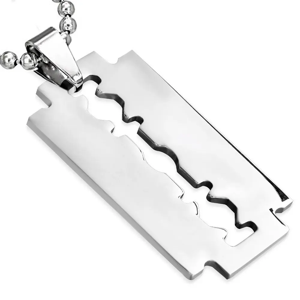My Daily Styles Men's Minimalist Polished Stainless Steel Silver-Tone Razor Blade Pendant Chain Necklace, Model AT1170, Male Fashion Accessory, Gift for Guy, Minimalist Design, Polished Finish, 2.00In X 0.90In, Rectangular, Birthday, Casual, Geometric