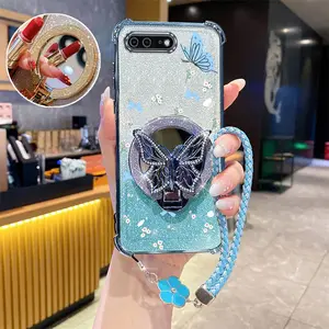 8 Plus Fashion Series Clover Strap Lanyard Phone Holder Cellphone Protective Case For Compatible With iPhone 8 Plus Transparent Glitter Shiny Cover and Shockproof Protection Blue Butterflies Bows White Small Flowers Protector Cases