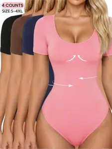 Women's Shapewear for All Seasons, Ribbed Abdomen Control Bodysuit, Short Sleeve Seamless Summer Cropped T Shirt, Comfortable Round Neck Stretchy Basic Tops, Soft Stretch Fabric, Slim Fit, Perfect For Daily Wear and Going Out, Tummy Control Waist