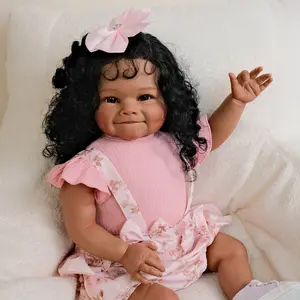 24in Handmade Realistic Reborn Baby Doll Set - Smiling Girl Toys with Soft Touch, Hand-Painted 3D Light Beige Skin, Hand-Planted Curly Black Hair, Clothing & Accessories, Ideal for Play, Birthday Gifting