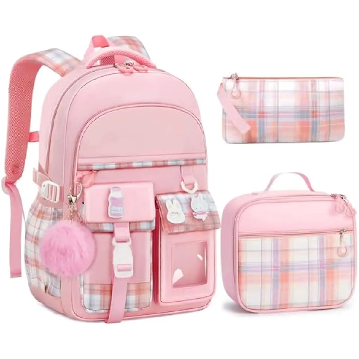 Women's Kawaii Student Class Backpack 5-Pc Set - 18in Large Capacity Bag for Elementary, Middle & High School Kids, Lunch Bag, Pencil Accessories, Padded Shoulder Stress-Alleviating Straps, Multi-Compartment & Convenient Exterior Zip Pockets, Plaid Print