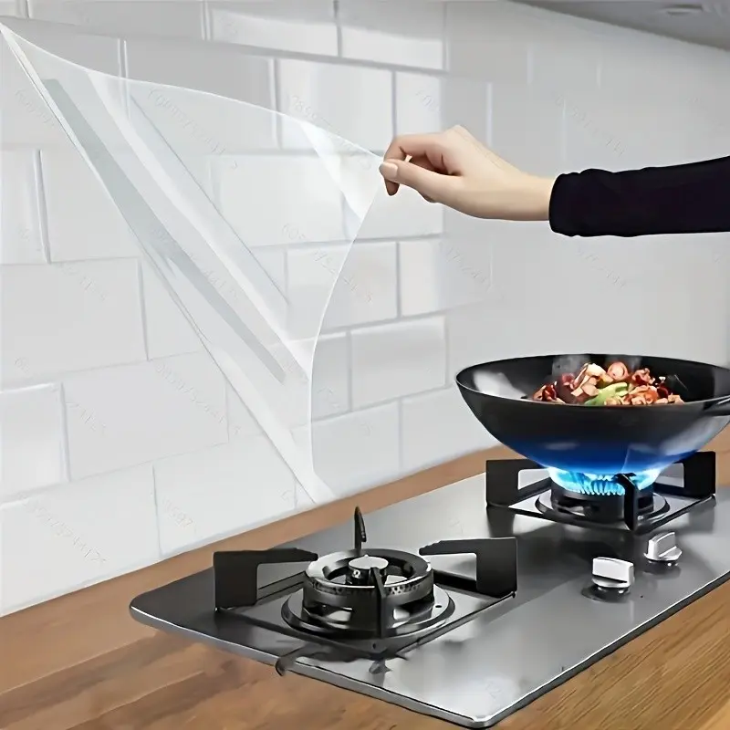 High-Temperature PVC Splash Guard for Kitchen, Oil and Water Resistant Self-Adhesive Wall Protector, Ideal for Cabinets and Range Hoods, Clear, Waterproof
