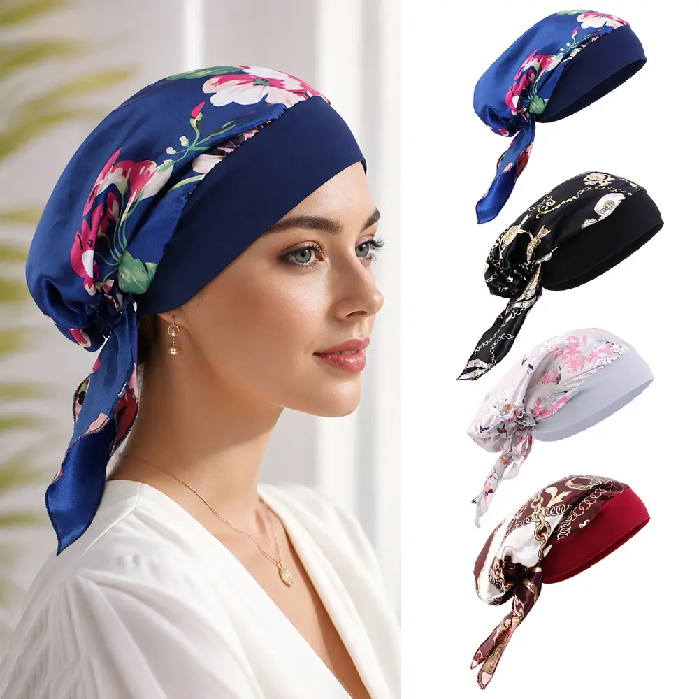 4pcs Set: Ethnic Style Tie-On Bandana Hat, Stretchy Wide-Brim Ribbon Head Wrap, Chemo Cap, Home Hat