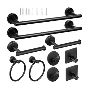 10-piece Matte Black Stainless Steel Bathroom Hardware Set Includes 2 15.7inch Towel Bars, 4 Towel Hooks, 2 Toilet Paper Holders, and 2 Towel Rings, Suitable for Modern Bathrooms