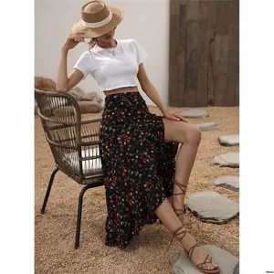 CasualDailyWearMaxiVacationBeachOutfit Summer / Spring LadiesBohoRuffle BreezayaDitsyFloralPrintRuffleTrimAsymmetricalHemSkirt SplitThighLongRegularFitHighWaistBlackDitsyFloralWomenSkirts