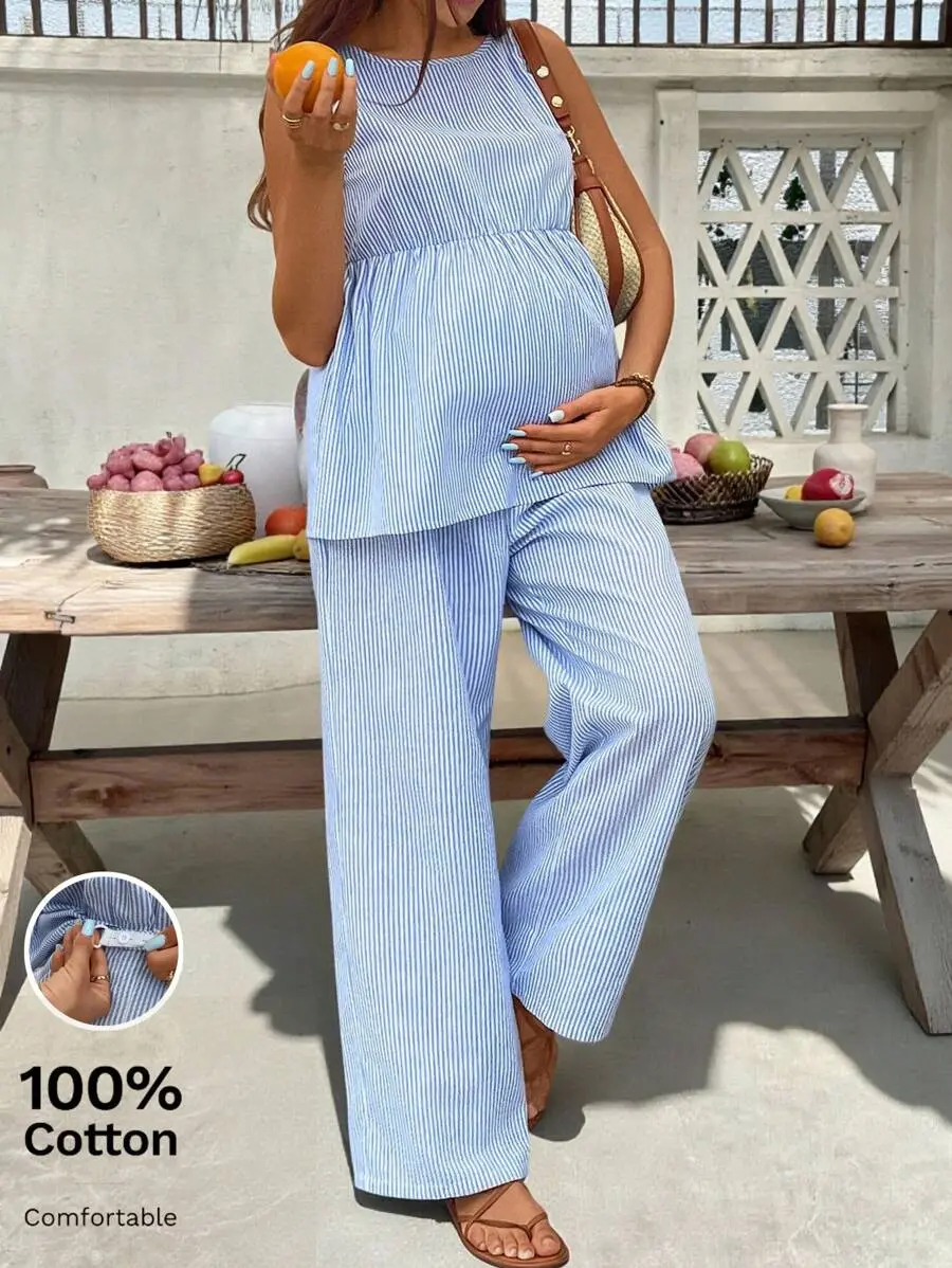 LAFERLIN Maternity Stripe Sleeveless Round Neck Casual Top And Loose Pants 2Pcs Set, Summer
