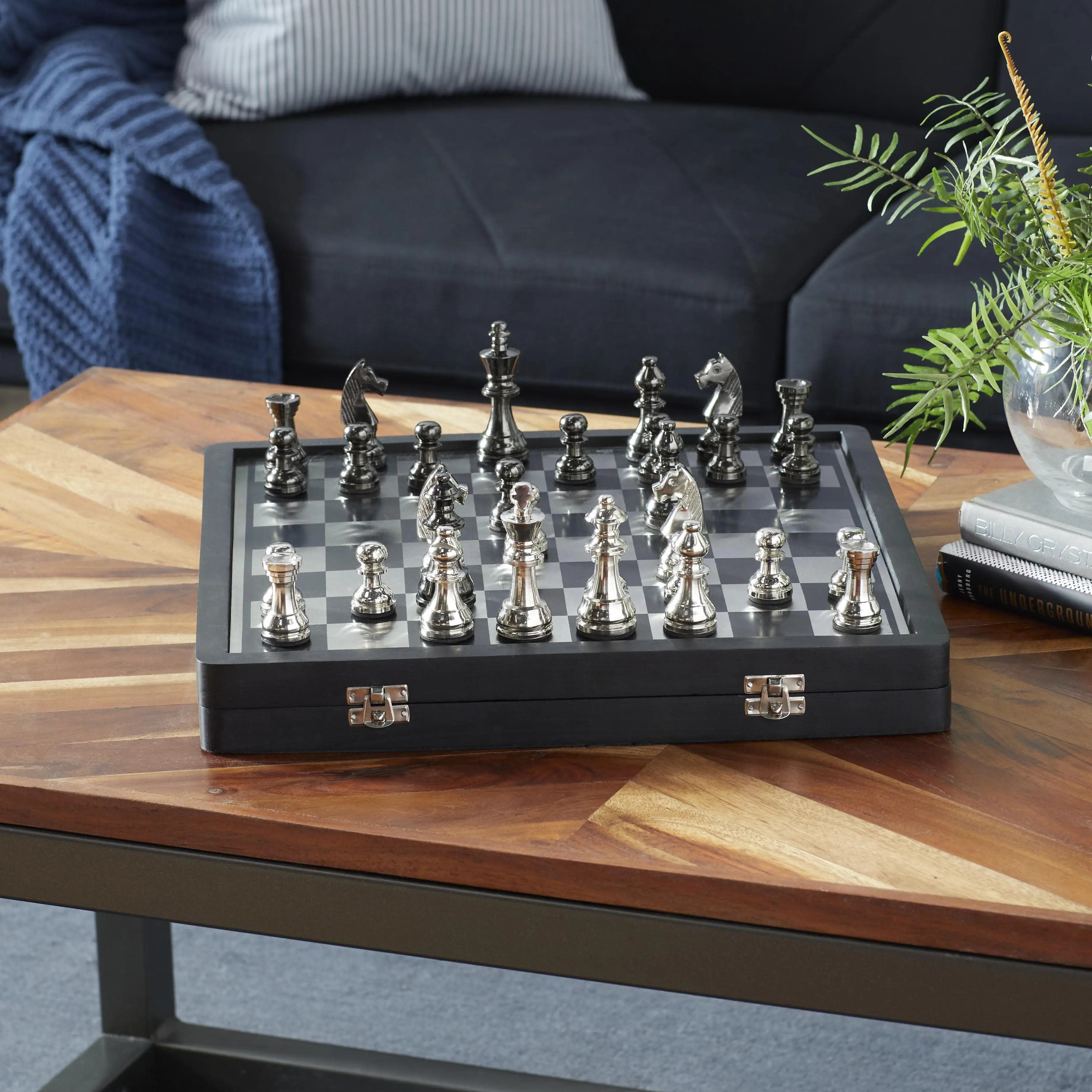 Black Aluminum Traditional Chess Set - 15"x16"x2" with Storage Compartment, Living Room Centerpiece, 12-80 Years Board Game, Home Decoration, Guest Entertainment