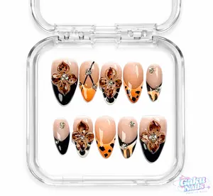 GakuNails WILD PETAL 10 PCS Medium Almond Handmade Press On 3D Flower Charm Cheetah Leopard Print Builder Gel selectable size Reusable Nails