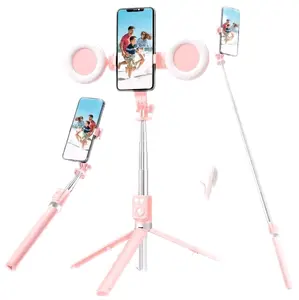 Selfie Stick with Tripod Stand and Ring Light for Phone Photography Pink Portable Extendable Monopod for Vlogging and Live Streaming