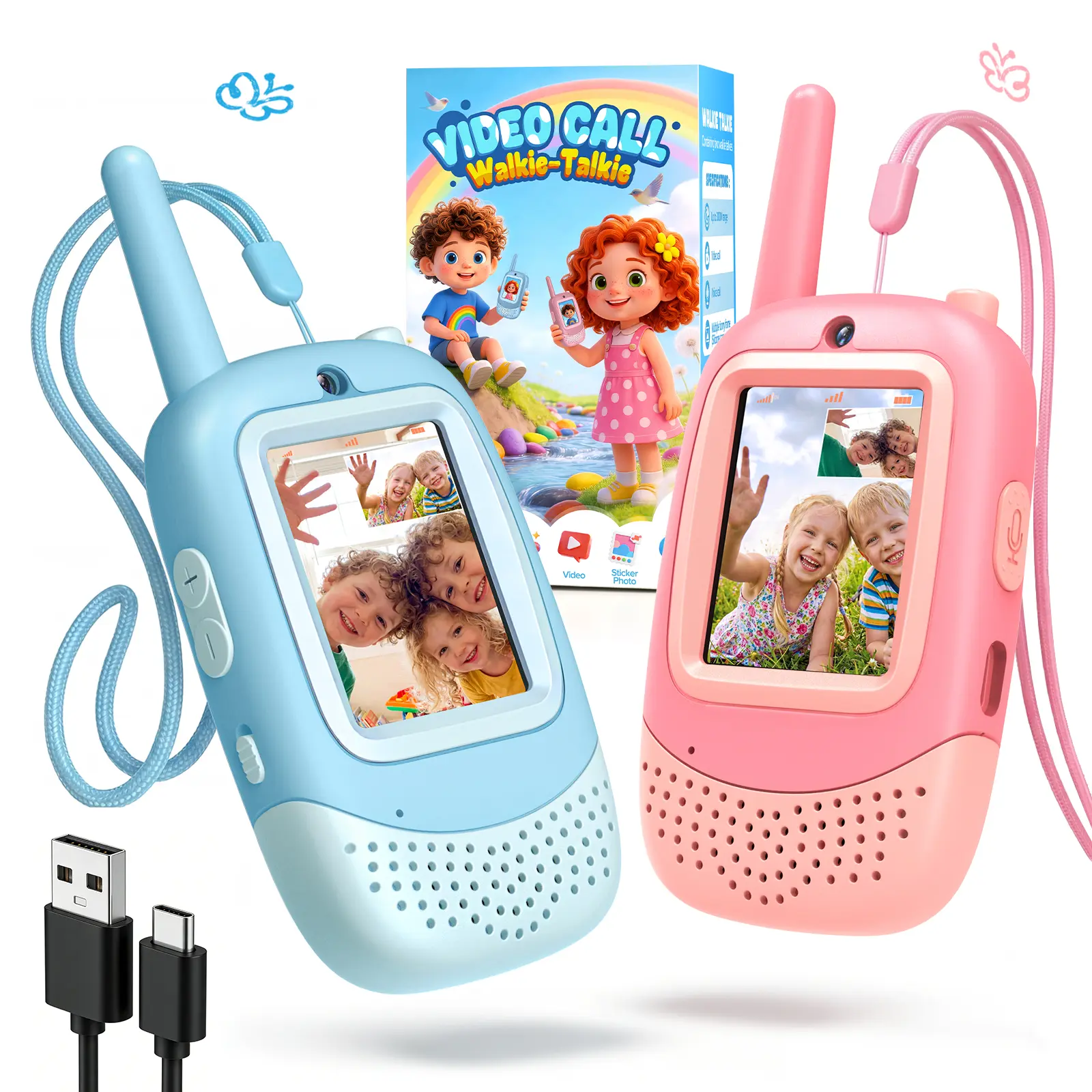Video Walkie Talkies for Kids, 2 Pack Rechargeable Long Range Kids Walkie Talkies with Video Call, Indoor Outdoor Toys for Camping, Travel, Birthday Gifts for Boys Girls Age 3-12(Blue/Pink) backtoschool