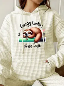 Women's Trendy Hooded Sweatshirt with Sloth & Letter Print, Long Sleeve Pullover with Pocket, Fall Winter Casual Top