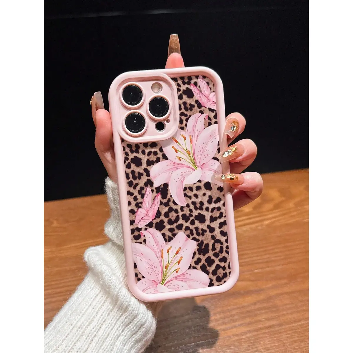 Cute Pink Lily Flower& Leopard Print Matte Anti-Drop Shockproof iPhone cases Case Compatible with For iPhone 17 Pro Max 16e 15 14 Plus 13 12 Mini 11 Air X XS Pattern TPU Lens Protection Durable Soft Cover Gift 2D printing